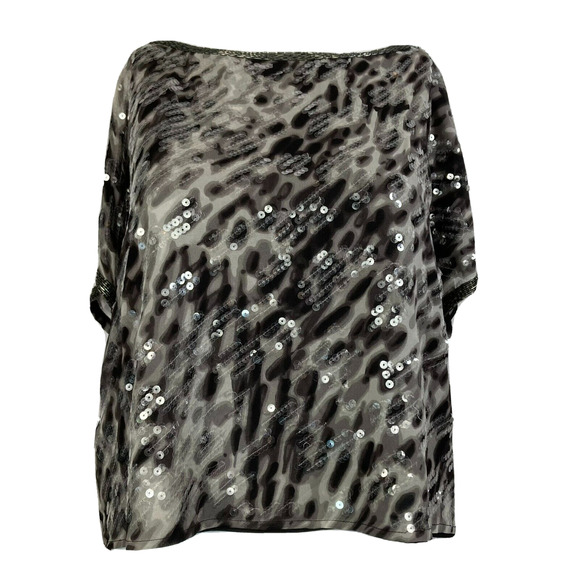 BCBG MAXAZRIA Shirt Womens Sz M Black Gray Animal Print Silk Chiffon Crop Sequin - Picture 1 of 8